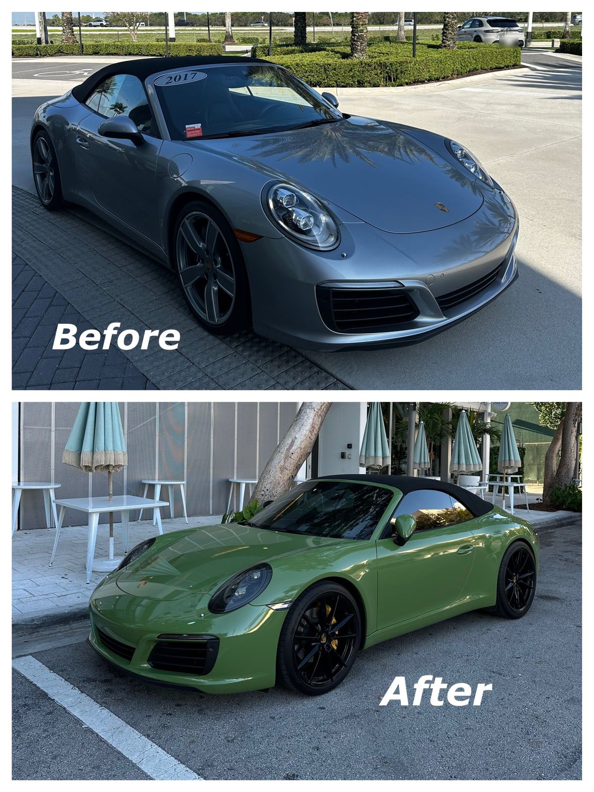The same Porsche 911 Cabriolet twice: silver before, green after
